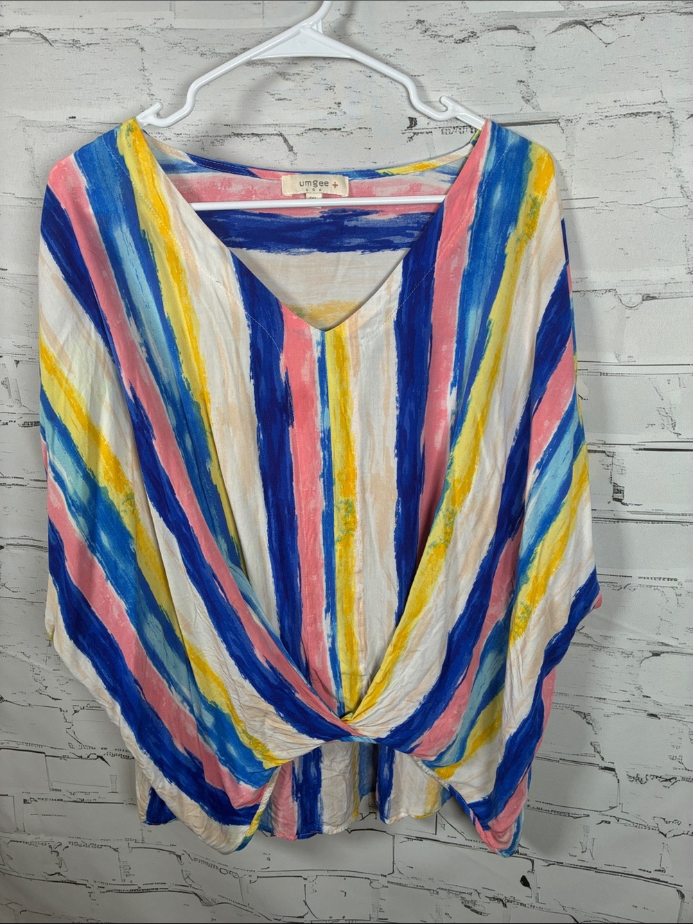 Umgee Multicolor Vertical Stripe Twist-Front Blouse - Blue/Pink/Yellow/White